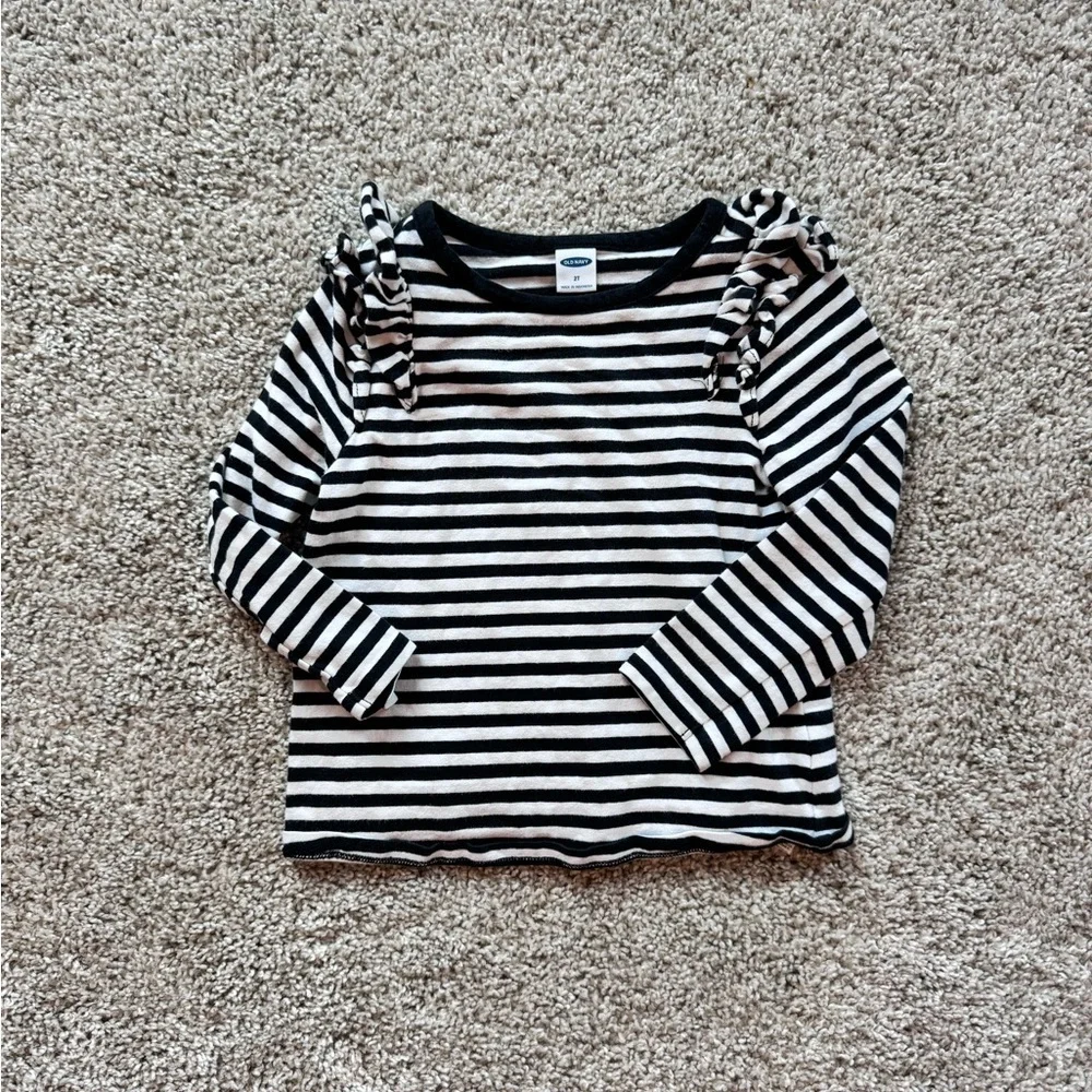 Girls striped long sleeve ruffle top Black White Striped Long Sleeve Tee size 2T